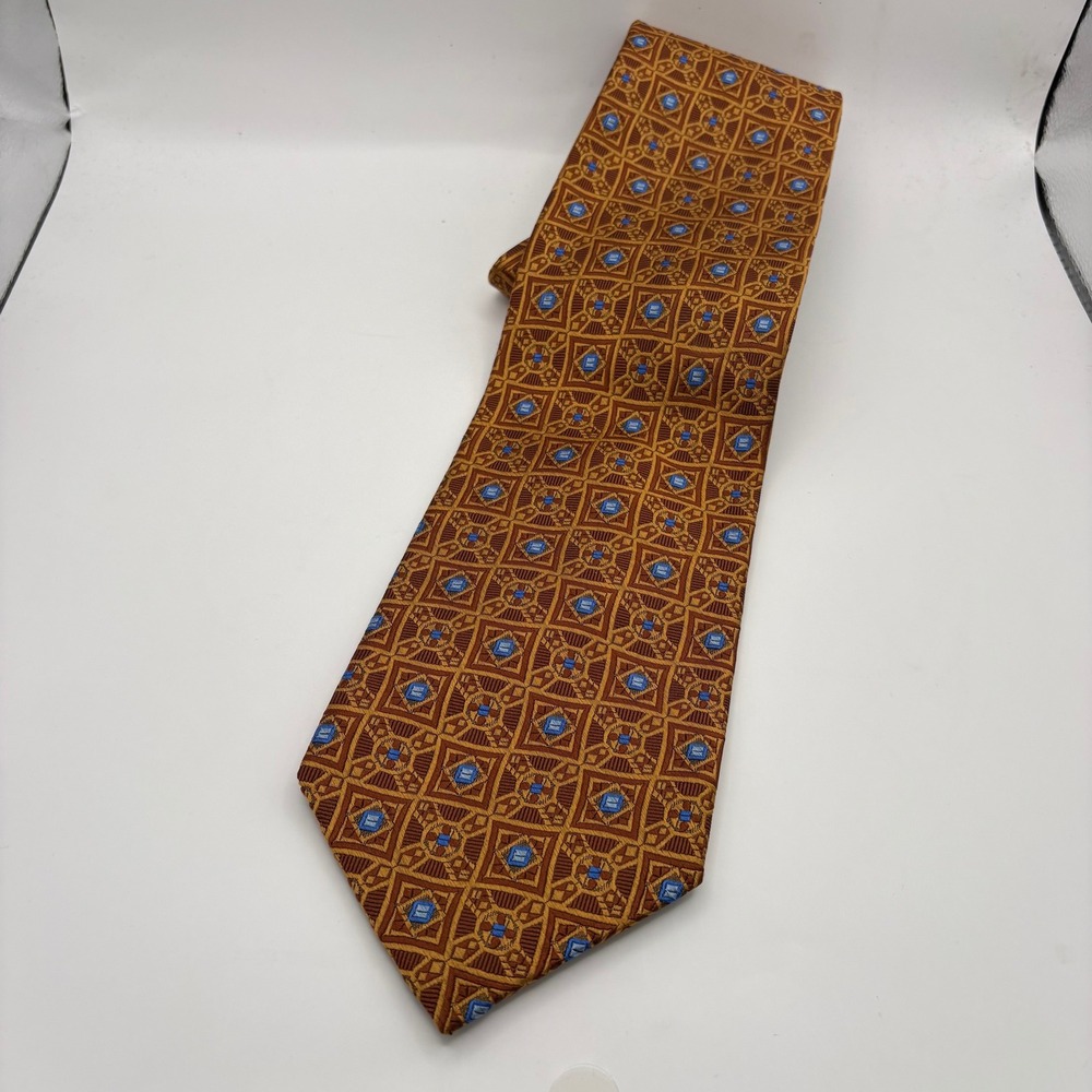 Jos. A. Bank Signature Collection Silk Tie Gold‎ Brown Geometric Hand Sewn USA